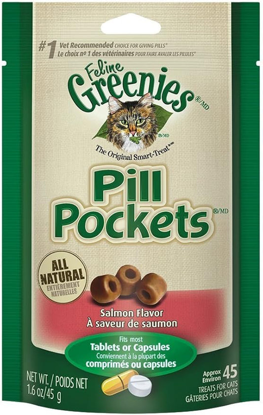 Greenies Feline Pill Pockets for Cats Natural Soft Cat Treats, Salmon Flavor, 1.6 oz. Pouch (45 Treats)