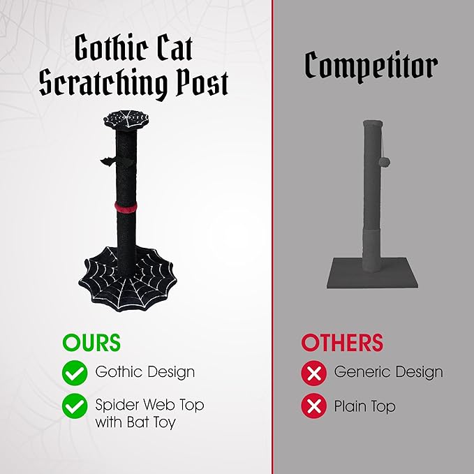 Gothic Cat Scratching Post with Spider Web Floor Foundation and Bat Toys, Halloween Cat Scratcher, Cat Scratchers for Indoor Cats, Black cat Scratcher, Spooky Cat Accessories from Littlesy