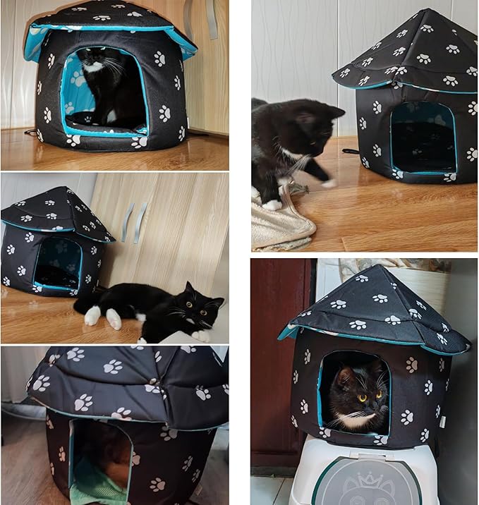 Stray Cats Shelter Cat Bed Weatherproof Foldable Kitten House Warm Feral Pet Cave for Outdoor Insulated Waterproof Thicken Tent Beds Shelter Home Indoor Small Dog Houses for Kitten Puppy(Black)