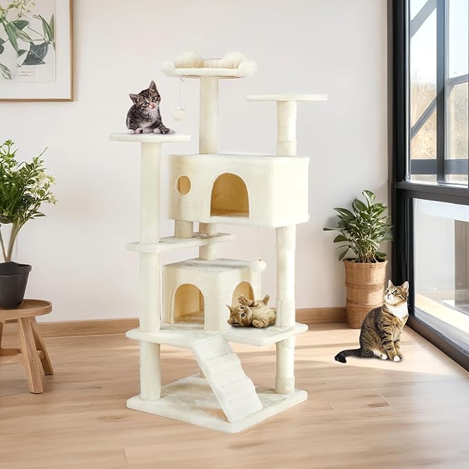 FluffyDream Cat Tree Tower for Indoor Cats, 54 Inches Multi-Level Activity Cat Tree with Sisal Scratching Posts Cat Play House Large Kitten Condo Funny Toys Climbing Ladder, Beige,Premium
