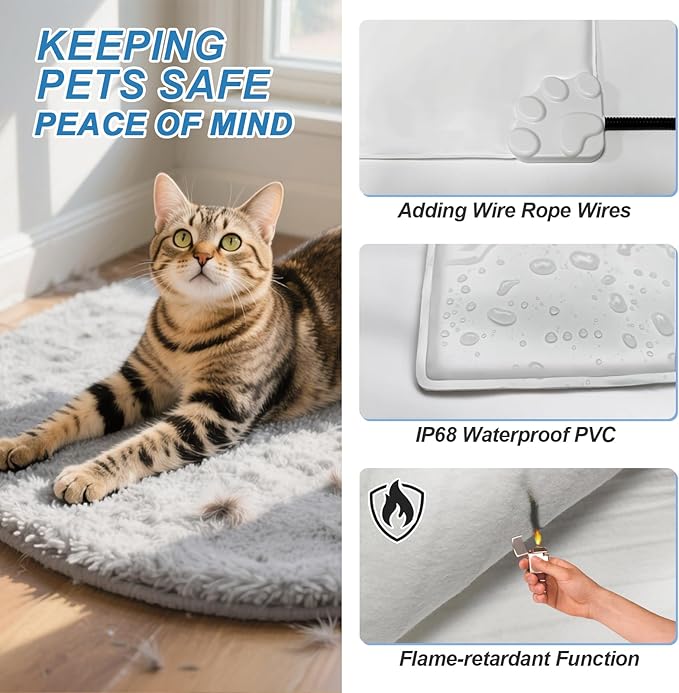 Large Dog Heating Pad 36x24 in with Smart Thermostat Switch and Power Line Protection Tube,Obtained MET and UL Dual Certification,Waterproof Pet Heating Pad with Long Velvet Cloth Cover