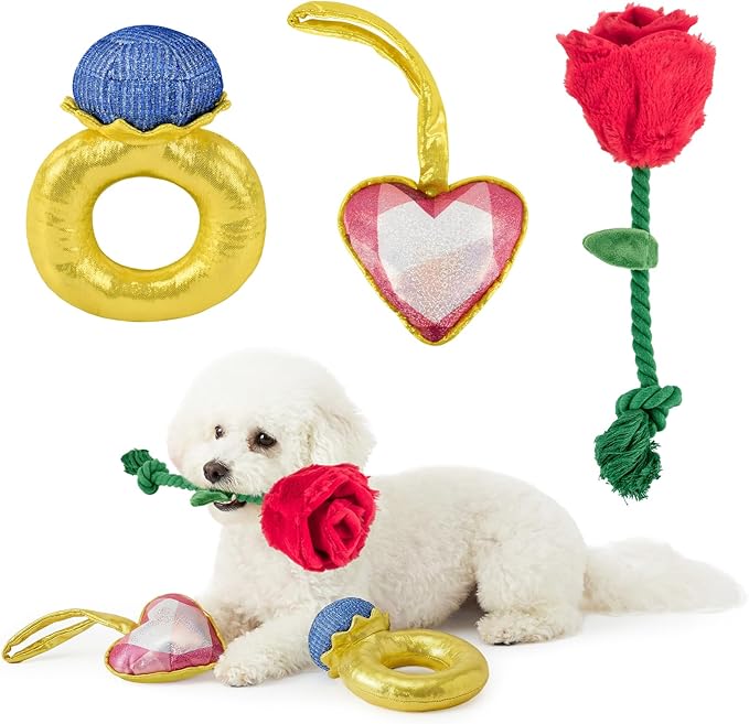 Vehomy Valentine's Day Dog Toys Set- Puppy Diamond Ring Toy with Squeaker Dog Crinkle Rose & Squeaky Love Heart Toys 3-Pack Valentines Pet Toy for Small Medium Dogs
