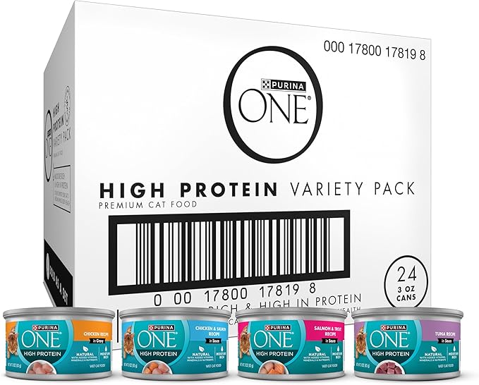 Purina ONE Natural, High Protein Cat Food Variety Pack, Chicken, Tuna, Salmon and Trout Recipes - (Pack of 24) 3 oz. Cans