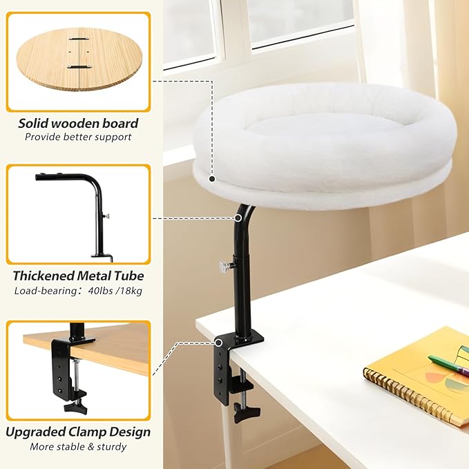 Sunhoo Cat Desk Bed 360° Rotating Height Adjustable Desktop Mount Hammock Kitten Perch Easy Setup Kitty Nest Table Clamp-on Attachment for Indoor Cats Washable 17" Diameter Hold Up to 40lbs（White）