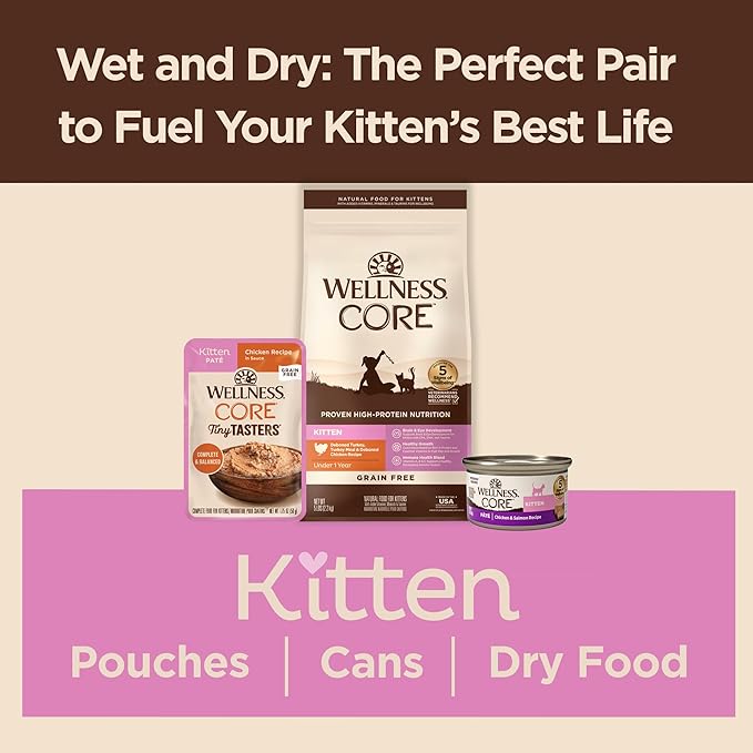 Wellness CORE Tiny Tasters Minced & Pate Kitten Wet Cat Food, Natural, Protein-Rich, Grain Free, 1.75-Ounce Pouch, 12 Pack, (Chicken Variety Pack)