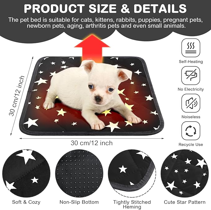 Namalu 4 Pack Self Warming Cat Bed Self Heating Cat Mat Star Pattern Soft Dog Crate Pad Thermal Pet Mat Anti Slip Kennel Dog Washable Warming Bed for Outdoor Indoor(12 x 12 Inch,Black)