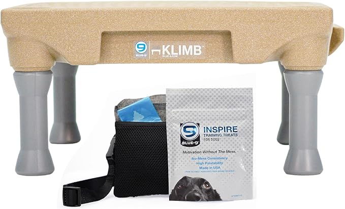 Blue-9 Happy Dog Starter Bundle with KLIMB Dog Training Platform & Traction Mat and Inspire Training Treat Pouch & Training Treats, Tan