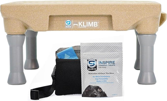 Blue-9 Happy Dog Starter Bundle with KLIMB Dog Training Platform & Traction Mat and Inspire Training Treat Pouch & Training Treats, Tan
