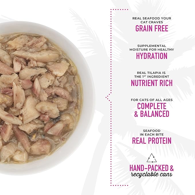 Tiki Cat Luau Shredded Meat, Tilapia Recipe in Tilapia Consumme, Grain-Free Balanced Nutrition Wet Canned Cat Food, For All Life Stages, 6 oz. Can (8 Count)