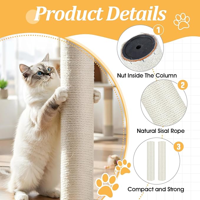 2 Pcs Cat Scratching Post Replacement, 15.7 x 3 Inch Sisal Pole Cat Tree Replacement Post with M8 Screws, Refill Scratcher Posts for Indoor Kitten Tree Tower Spare Cats Furniture Protector