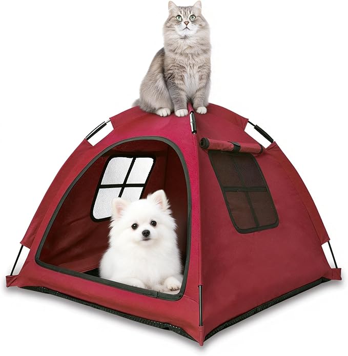 Open Design Pet Tent, Cozy Monitoring Bed for Cats & Puppies, Breathable Mesh Walls for Security & Ventilation, Indoor Outdoor Travel, Red