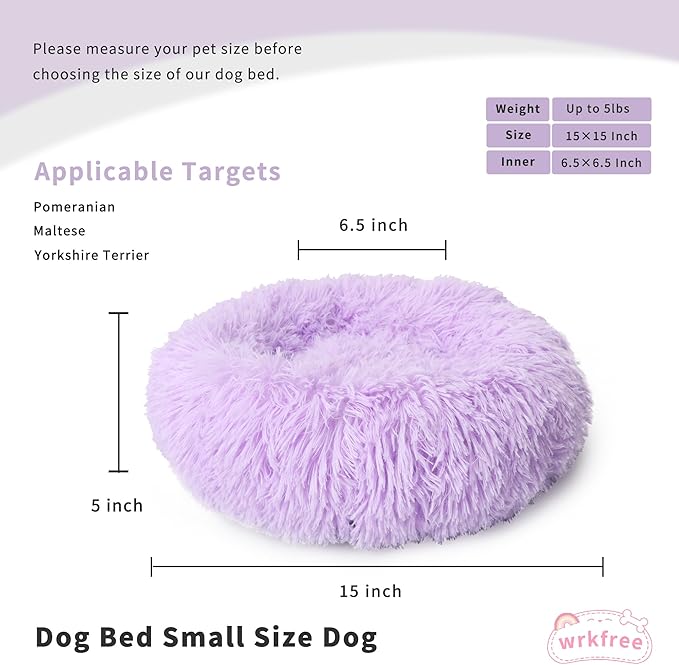 Fluffy Purple Dog Bed Extra Small Washable,Calming Dog Bed Princess for Small Dogs 15 inches Donut Soft Small Pet Bed,Anti Anxiety Round Fits up to 5 lbs Warm Comfort Pets Beds for Puppy Dogs Indoor