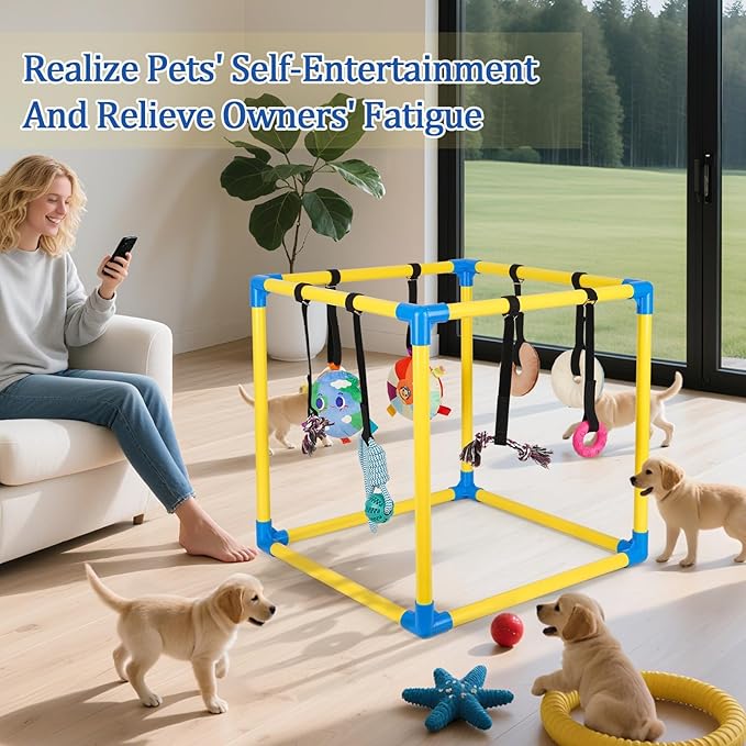 Liitrton Puppy Play Gym - Small Dogs Play Gym with 8 Hanging Toys, Indoor Puppy Jungle Gym with Interactive Dog Enrichment Toys, 19.5"x19.5"x19.5" PVC Frame