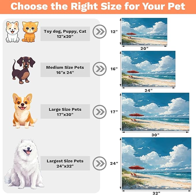 Beach Scene Dog Food Mat for Floors Absorbent, Quick Dry Water Dispenser Mat for Food, Water, Pet Supplies 16" x 24", Summer Seaside