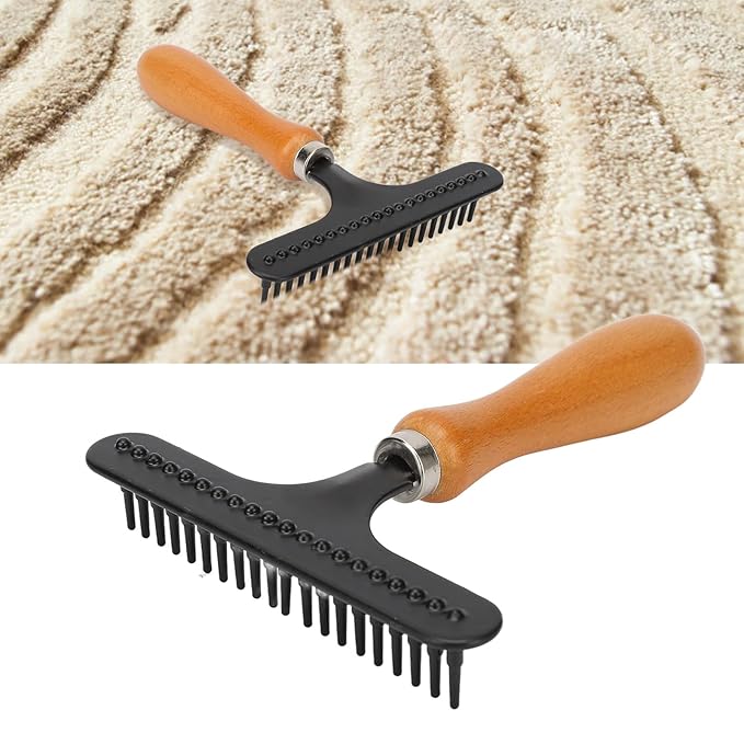Wooden Handle Pet Brush, Handheld Cat Grooming Rake, Stainless Steel Deshedding Brush for Cats Dogs with Comfortable Rounded Tips