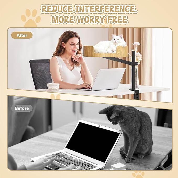 Cat Desk Bed – Cat Bed for Indoor Cats with Adjustable Height&360° Rotation, Elevated Desk Cats Beds for Table, Desktop Cat's Hammock for Small Space, Wooden Cat's Bed Desktop Kitten