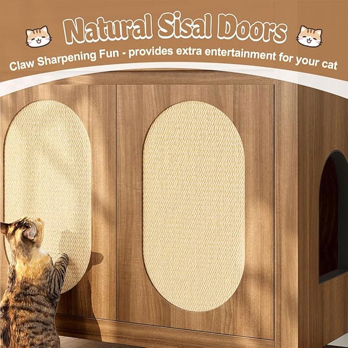 Cat Litter Box Enclosure Furniture, Hidden Litter Box Cabinet Cat House Side Table with Drawer & Sisal Scratch Pads, Wooden Pet Furniture for Living Room, Bedroom,Brown