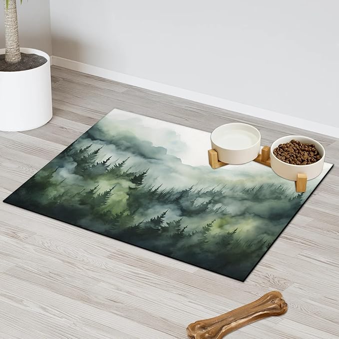 Misty Forest Dog Food Mat for Floors Absorbent, Quick Dry Water Dispenser Mat for Food, Water, Pet Supplies 12" x 20", Nature Woodland