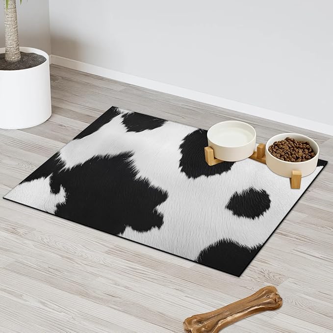 Milk Cow Print Dog Food Mat for Floors Absorbent Dog Bowl Mat for Food and Water Dispenser Quick Dry Cat Food Placemat Pet Supplies 16" x 24", Black White