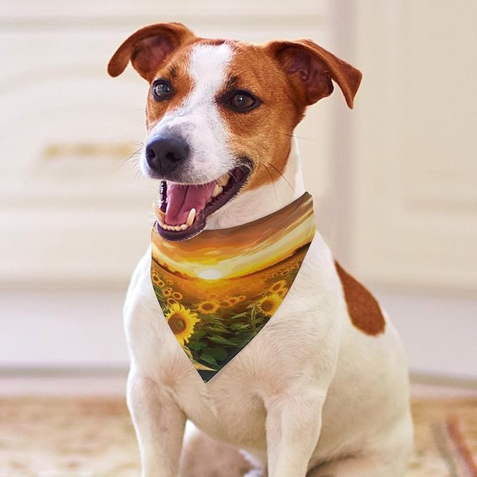 Dog Bandana Spring Pet Scarf Adjustable Triangle Sunflower Field Sunset Printing Dog Bib Washable Polyester Puppy Bandana for Small Medium Large Dogs Cat Birthday Party Supplies