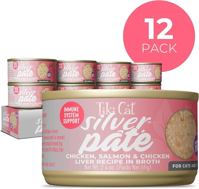 Tiki Cat Silver Pate Chicken, Salmon & Chicken Liver Recipe in Broth, 2.4 oz. Can (12 Count)
