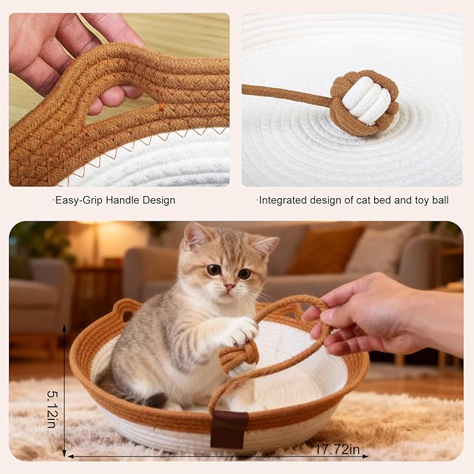 Instinct Basket,Stimulicat Cat Bed,Stimulicat Cat Bed Rope Cotton with Cushion,Eliminates Bed Rejection Round Pet Basket,Boho Catbed for Cats Handwoven Scratchable Breathable Weave (White, Large)