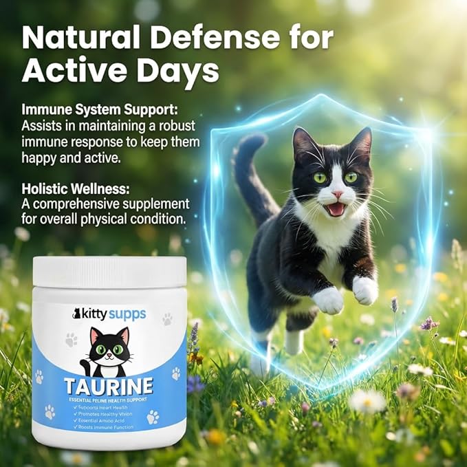 KittySupps Taurine Supplement for Cats,Pawvita Taurine- 99.9% Pure Taurine Supports Vitality & Coat Health, Easy to Mix in Food, with Dosing Spoon, 200g