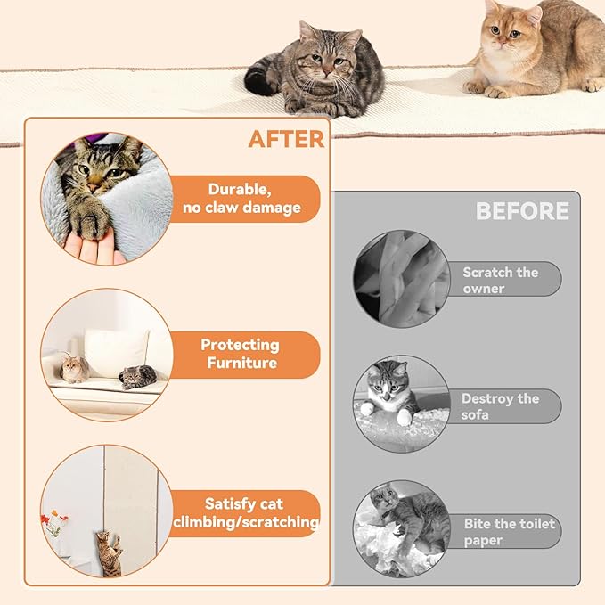 66.93x19.68x0.32 Inch Thickened Cat Wall Scratcher Carpet, Cat Climbing Wall, Durable Furniture, Tall Scratching Post, Scratchers for Indoor Cats, Couch Sofa Protector (Beige)