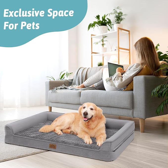 Orthopedic Dog Beds for Large Sized Dog, XL Bolster Pet Couch with Waterproof Lining, Egg Crate Foam Sofa for Pets Up to 100 lbs, U-Shaped, 42x30x7.5 inch, Grey