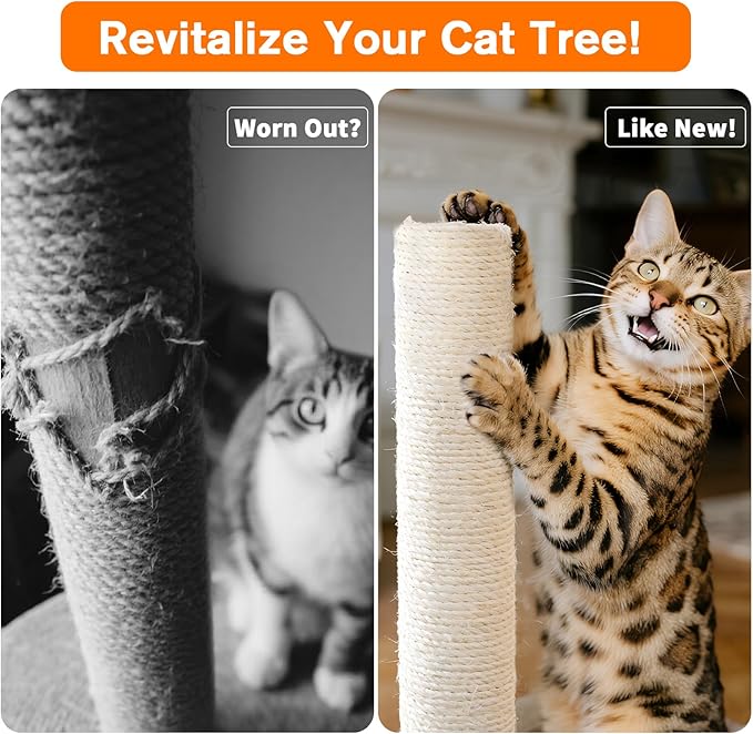 4 Pack Cat Scratching Post Replacement, 11.8 x 2.7 Inch Sisal Poles with M8 Screws, Refill Parts for Indoor Cat Towers and Furniture Repair-White