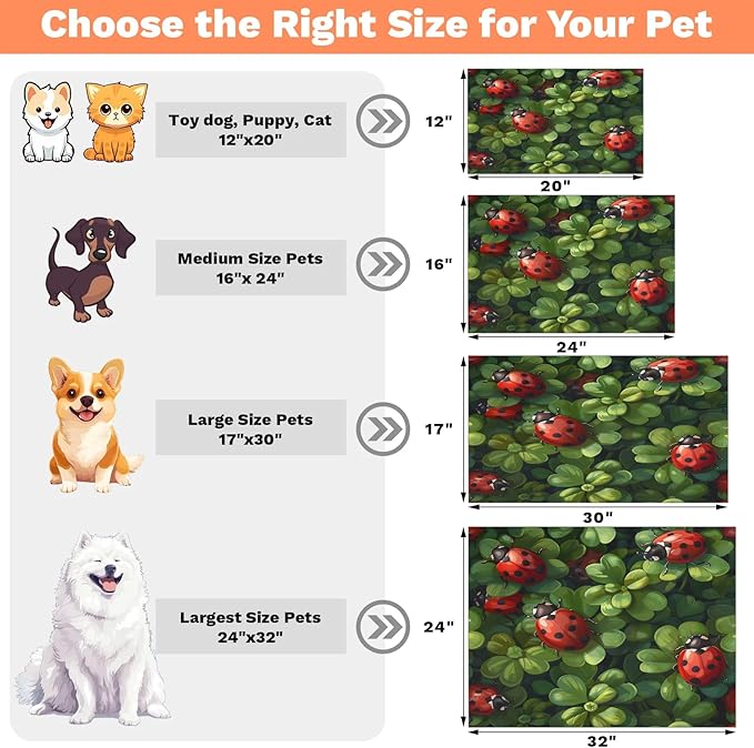 Red Ladybird Dog Food Mat for Floors Absorbent, Quick Dry Water Dispenser Mat for Food, Water, Pet Supplies 24" x 32", Green Leaf