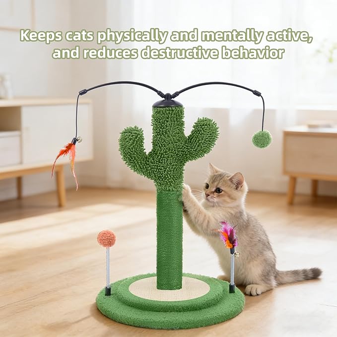 YUNIQUE Cactus Cat Scratching Post with Sisal Rope, Small Cat Tree with Dangling Balls & Feather for Kittens (Green, 22.8'')