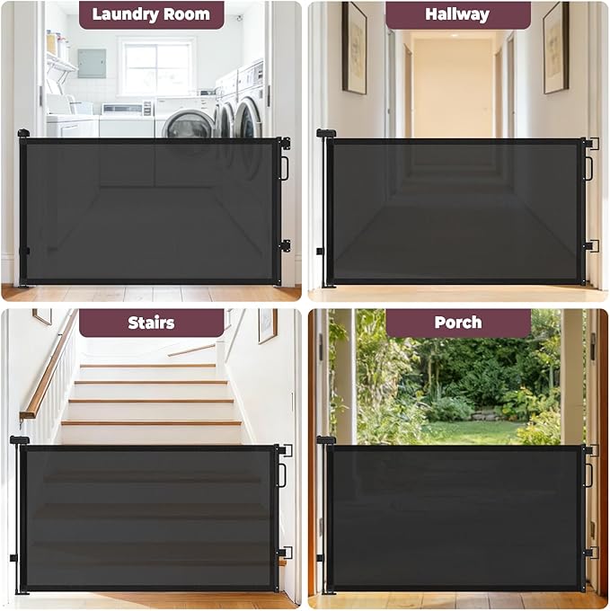2Pack Retractable Baby Gates for Stairs, 58" Extra Wide Mesh Dog Gate for Doorways, Home Saftey Gate for Child Toddler Pet, Indoor and Outdoor Use, Easy Install, 34" Height, Black