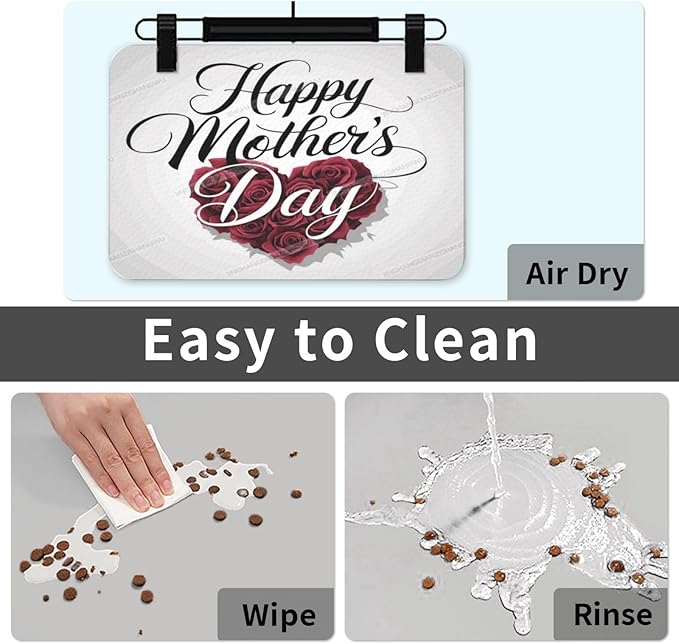 Pet Feeding Mat Happy Mother's Day Floral Gift Mom Rose Heart Absorbent Pet Placemat for Food Water Bowl with Waterproof Rubber Backing 18X12In Quick Dry Water Dispenser Mat for Dog Cat