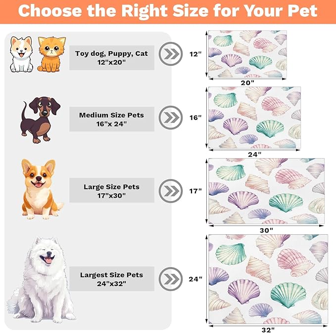 Seashells Dog Food Mat for Floors Absorbent Dog Bowl Mat for Food and Water Dispenser Quick Dry Cat Food Placemat Pet Supplies 24" x 32", Nautical Coastal