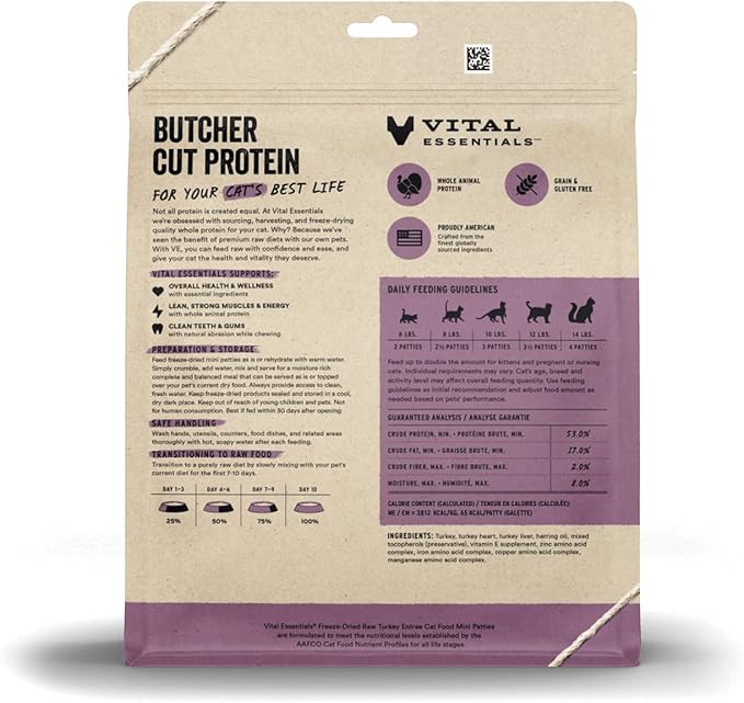 Vital Essentials Freeze Dried Cat Food, Raw Turkey Mini Patties | Complete Meal or Topper | Easy to Portion and Rehydrate | High Protein, Grain Free Dry Cat Food |8 oz Bag