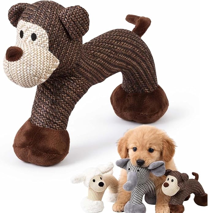 Pet Lori Linen Safari Companions with Squeaker & Crinkle - Durable Chew-Resistant Plush Toy for Small & Medium Dogs, Anxiety Relief & Teeth Cleaning, Fun Elephant & Lion Animal Shapes (Monkey)