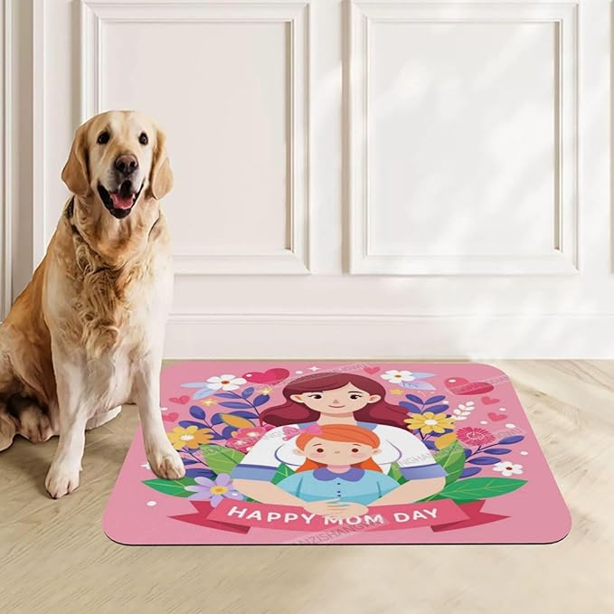 Non Slip Mat for Dog Pet Cat Dog Food Mats Happy Mother's Day Floral Gift for Mom Family Bb Water Bowl Mat Quick Dry Absorbent Cat Feeding Mats 24x16In
