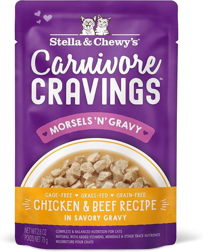 Stella & Chewy's Carnivore Cravings Wet Cat Food Pouches - Premium Chicken & Beef Recipe - Grain-Free Morsels & Gravy - Perfect for Picky Eaters - Complete Meal or Topper - 2.8oz, 24-Pack