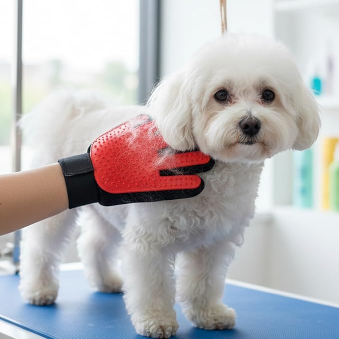 The Room Collective Pet Grooming Gloves 2-Pack, Left and Right Hand Deshedding Mitts with Soft Silicone Tips for Dogs and Cats, Blue or red (Red)
