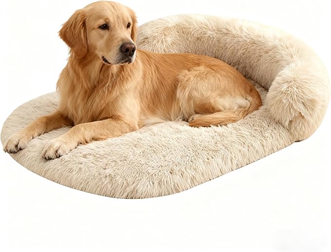 Calming Dog Beds for Medium Large Dogs, Orthopedic Cushion Plush Large Pet Bed Lounge with Washable Cover, Anti-Anxiety Soft Fluffy Faux Fur Fits up to 60 lbs Pets (Oval, Beige 40"x30")
