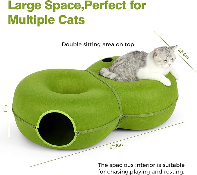8-Shaped Large Cat Tunnel Bed for Indoor Cats, Infinite Circulation Peekaboo Cat Cave with 12 Toy Balls, Cat Donut Tunnel for Cats up to 30 Pounds (Green, L(38x24x11))