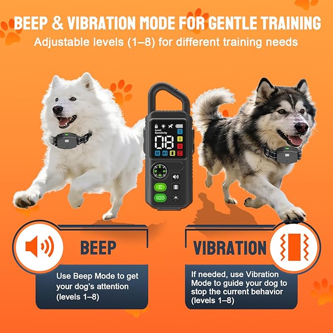 2-in-1 Dog Training Collar & Bark Collar, Safety Lock Remote, Adjustable Beep,Vibration & Shock,990ft Range, IPX7 Waterproof Dog Collar for 3 Dogs,Medium & Large,LED Light,Compass & Carabiner-1 Collar