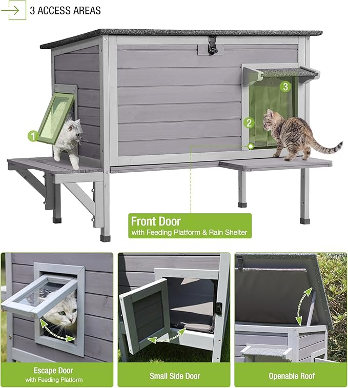 GUTINNEEN Heated Cat House for Outside, Outdoor Cat House Insulated with Bite-Resistant Wires, Detachable Lining, Expandable Feral Cat Shelter with Weatherproof Roof