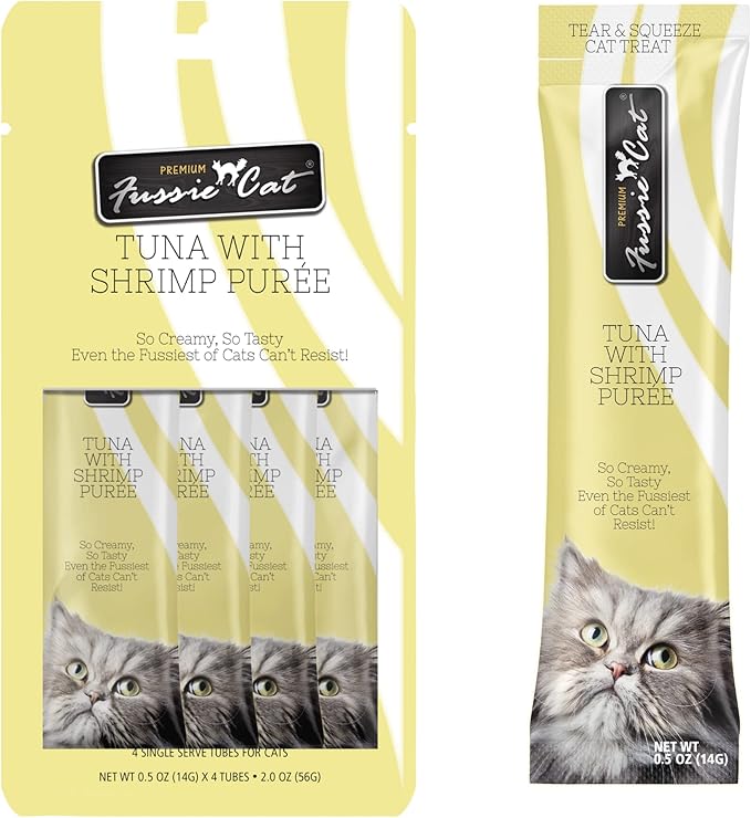 Fussie Cat Tuna with Shrimp Puree, lickable cat Treats, 0.5oz Pouch Pack of 4