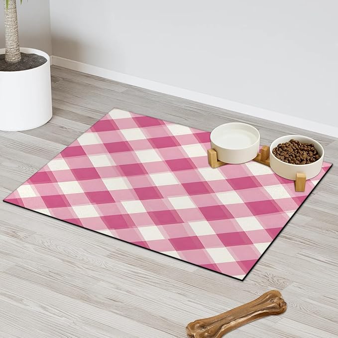 Pink Plaid Dog Food Mat for Floors Absorbent, Quick Dry Water Dispenser Mat for Food, Water, Pet Supplies 12" x 20", Checkerboard