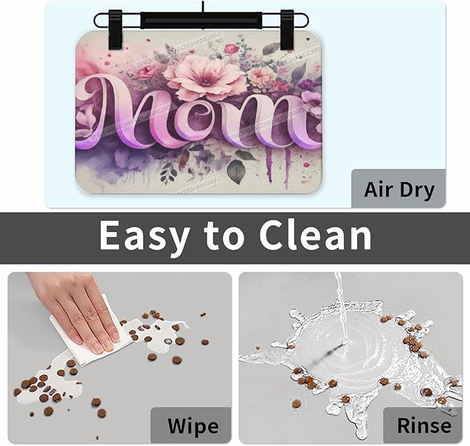 Pet Feeding Mats with Residue Collection Happy Mother's Day Floral Gift for Mom Bm Waterproof Dog Cat Bowl Mat 18X12In with Prevent Water Food Spills