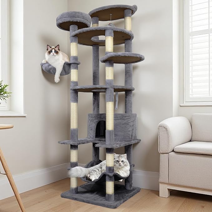 78.8 Inches Cat Tower for Indoor Cats, Cute Cat Tree with Cozy Condo, Platform, Hammock, Sisal Scratch Board and Interactive Toy (Dark Gray)