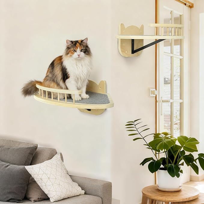 Cat Wall Shelves Furniture Set with Scratching Pad，Wooden Cat Climbing Wall Systems with 2 Perches and 3 Steps, Floating Shelves Bed Wall Mounted for Indoor Fit Up to 15Lbs (Burlywood)
