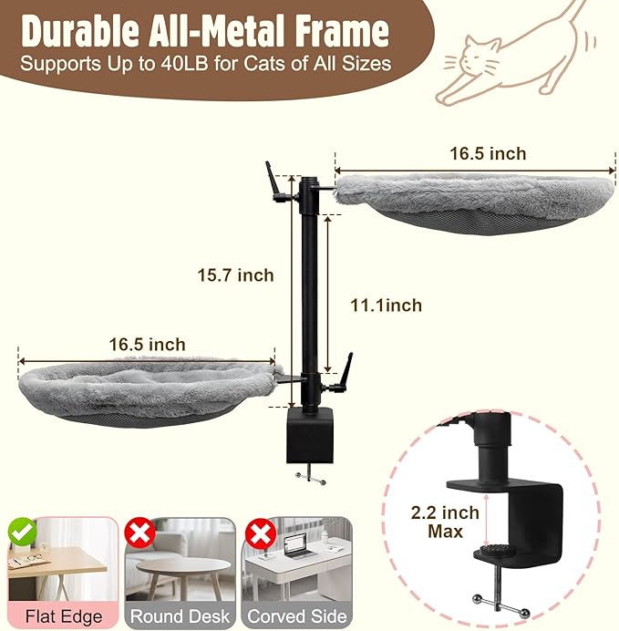 Double Cat Desk Bed, 360° Rotating & Adjustable Heigh Kitten Nest for Desktop, Double Kittens Clamp Hammock Bed with Dual-Sided Reversible Mat for Home Office-Maximum Hold Up to 40lb
